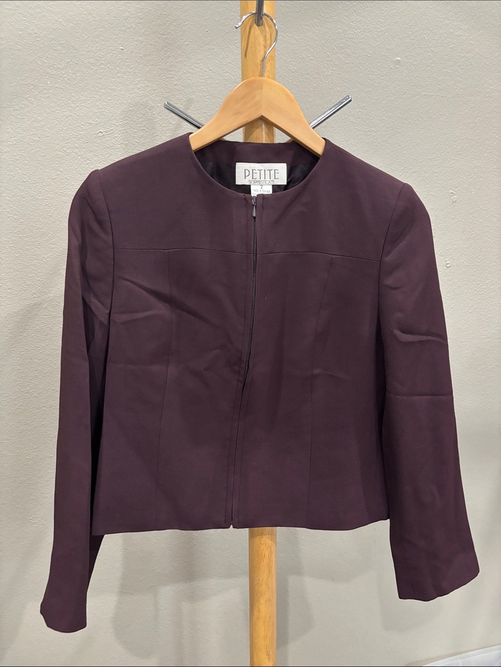 Petite Sophisticate Plum Zip-Front Collarless Blazer